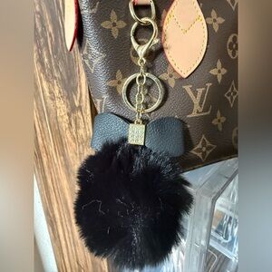 Black bow Keychain / bag charm with fluffy Black Pom Pom
